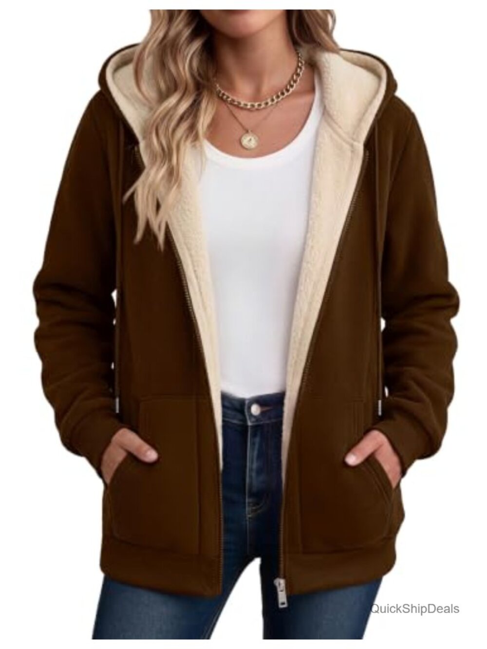 Sherpa Fleece Jacket Zip Up Warm Hooded Winter Coat Women